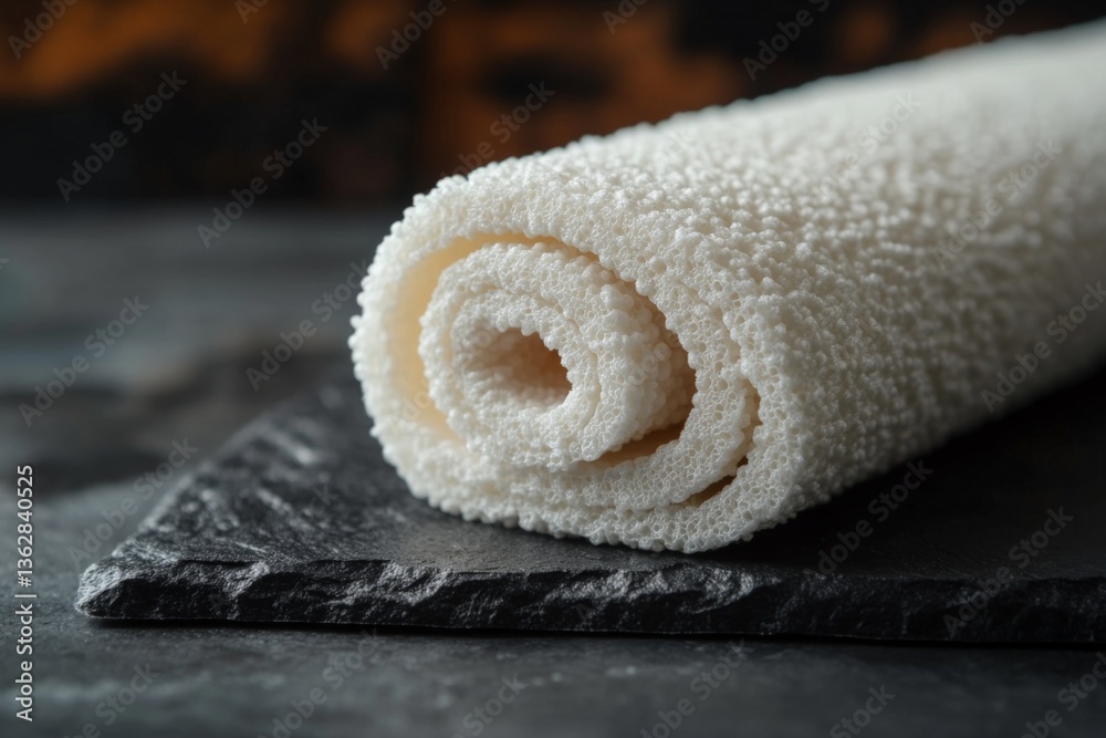 Poster White textured roll placed elegantly on a dark slate surface with a blurred background for a minimalist aesthetic