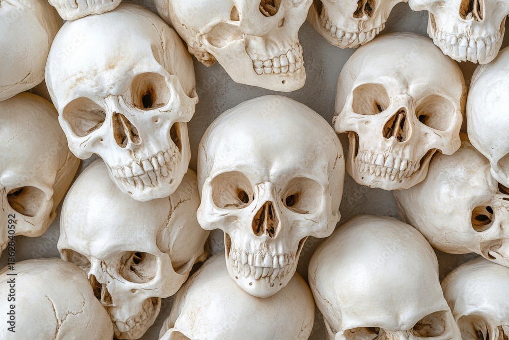 Poster collection of white skulls displayed together in artistic arrangement showcasing intricate details a
