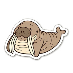 Obraz premium Cute cartoon walrus with long white tusks sticker art illustration element