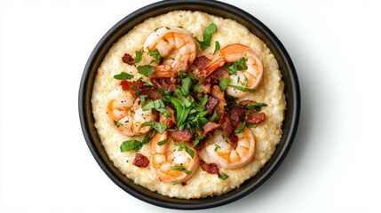 Delicious shrimp and grits casserole with bacon and herbs on white background