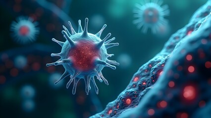 Close-up illustration of a virus particle, useful for microbiology, healthcare, science or research concepts.