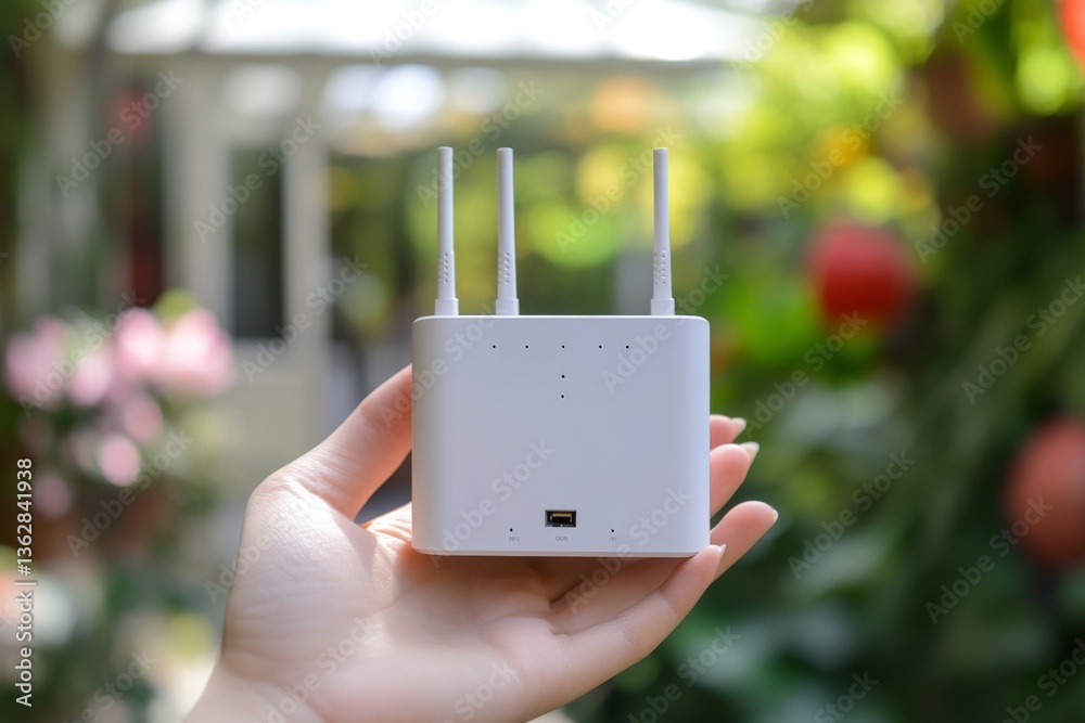 Poster Wireless router design showcased in a hand against a lush garden background during daylight hours