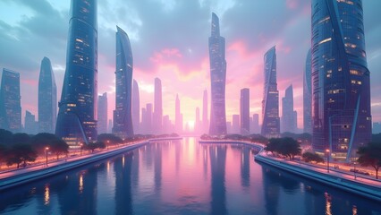 Obraz premium Futuristic Cityscape at Sunset: Modern Skyscrapers Reflecting in River, Tranquil Urban Landscape