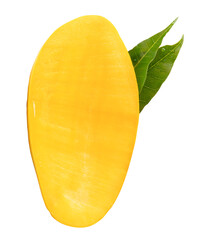 A half of ripe yellow mango fruit with green leaves isolated  with clipping path in png file format
