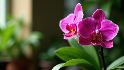 Obraz premium Close-up of Dendrobium Red Dragon orchid, nursery pot, intense, cultivation, horticulture