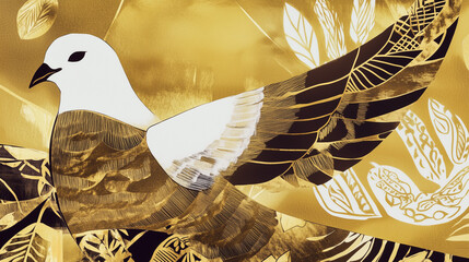 Stylized White and Gold Dove with Detailed Patterns against Textured Gold Background