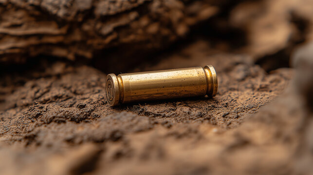 Single bullet casing on rough ground, detailed caliber markings and weathered brass.