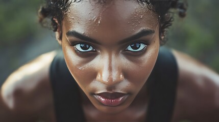 Building self confidence. Focused athlete with intense gaze and sweat.