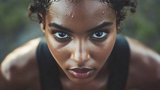 Building self confidence. Focused athlete with intense gaze and sweat.