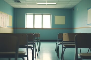 Vacant elementary classroom with soft blur for nostalgic school return vibes  
