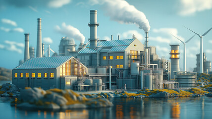 Obraz premium Factory with solar panels and wind turbines, showcasing clean energy and eco-friendly technology