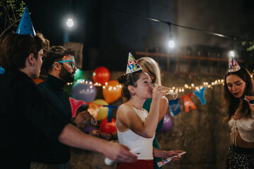 A group of friends celebrates a birthday in a backyard at night. Festive hats, decorations, and...