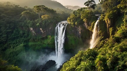 Fototapeta premium Golden Sunrise Over a Powerful Jungle Waterfall with Rising Mist