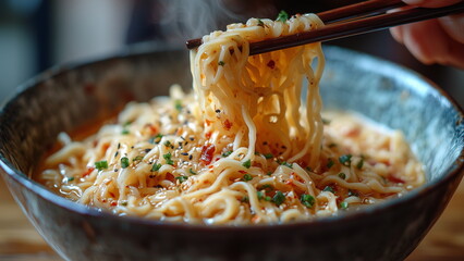 The photo shows eating a hot and spicy freshly served noodles cuisine using chopsticks. A traditional method of Asian eating noodles.