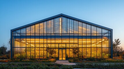 Obraz premium Modern Glass Greenhouse at Dusk with Warm Interior Lighting
