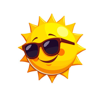 The image presents a cheerful sun emoji with a bright yellow face and a big smile, wearing stylish sunglasses. The sun has distinct triangular rays protruding from its circular face, emphasizing its s