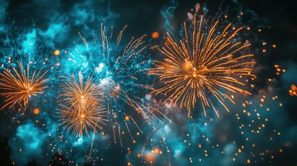 Naklejka premium Vibrant fireworks explode against a teal night sky, creating a dazzling display of light and color. A breathtaking spectacle of celebration.