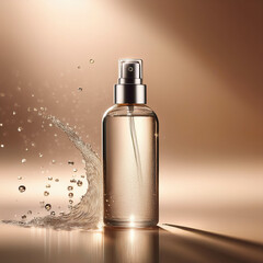 Fototapeta premium a dynamic shot of a facial toner spray bottle mid-action, with fine mist droplets visible against a neutral beige background, illuminated with soft, even lighting