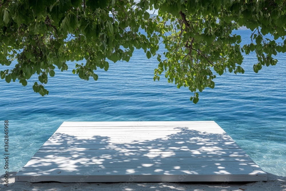 Poster relaxing dock overlooking calm blue water surrounded by lush green trees at midday in a serene coast