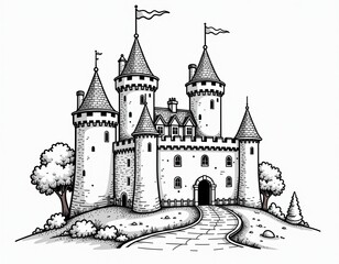Obraz premium Fairytale Castle Black and White Illustration - Hand Drawn Medieval Fortress