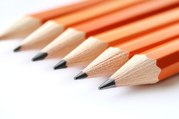 Fototapeta premium Collection of orange pencils arranged in a row showcasing sharpened tips for artistic use