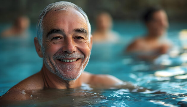 Close-up portrait of smiling senior man in swimming pool with group. Elderly male attends aqua aerobics fitness classes. Water sport activity, healthy lifestyle, group aquatherapy.