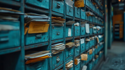 A rusty blue mailbox with overflowing letters, envelopes, and flyer, indicating a busy day of postal delivery. A traditional everyday communication and information sharing via receiving physical mail.
