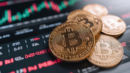 Golden Bitcoin coins rain down in slow motion, digital stock tickers in the background.