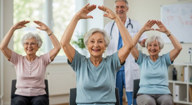 Seniors participate in a seated chair exercise class, guided by a healthcare professional