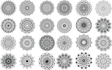 Big vector set of round patterns. Collection of geometrical mandalas. Circular pattern in the form of a mandala. Henna tatoo mandala. Mehndi style. Decorative pattern in oriental style. Coloring book 