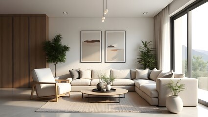 Fototapeta premium Modern living room with neutral tones, textured accents, and sculptural decor.