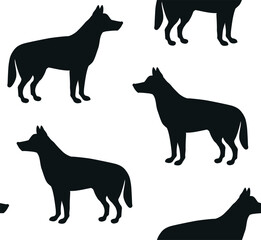 Vector seamless pattern of flat hand drawn shepherd dog silhouette isolated on white background