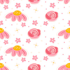 Romantic seamless pattern with swirled roses and pink daisies