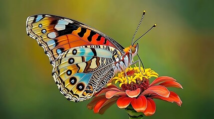 Obraz premium Vibrant Painted Lady Butterfly on Zinnia Flower in Summer Garden AI Generated