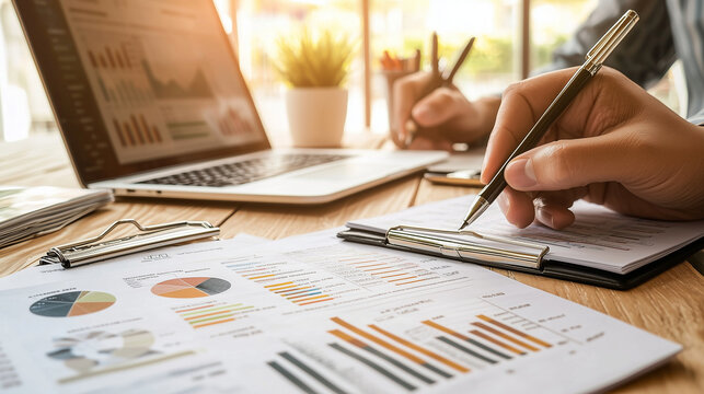 Reports being scanned, financial data glowing on laptop, distant figures debating strategies. - Powered by Adobe