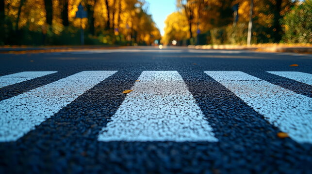 A clear photo shows a pedestrian zebra crossing on a street, with bold black and white stripes stretching across the road. The lines are clearly marked, creating a safe path for pedestrians to cross.
