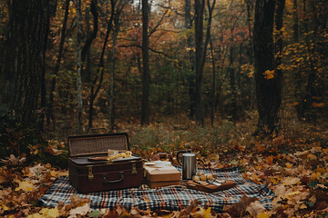 An idyllic picnic scene set in an autumn forest with trees shedding vibrant, multicolored leaves, forming a blanket of foliage on the ground. 