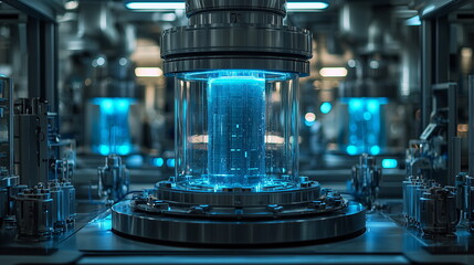 A plasma reactor glowing in blue sits at the center of a high-tech futuristic lab, surrounded by advanced equipment and illuminated panels for cutting-edge energy research and scientific innovation.
