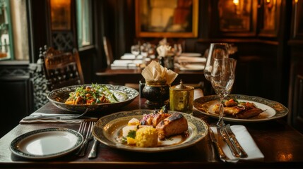 A family savoring traditional cuisine at a cozy local restaurant with beautifully plated dishes