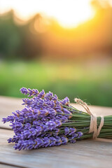 Fototapeta premium Lavender bouquet placed on wooden table at sunset in a serene, natural setting