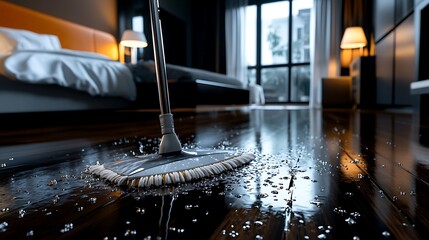 Steam Mop Cleaning Hardwood Floor in Modern Bedroom AI Generated