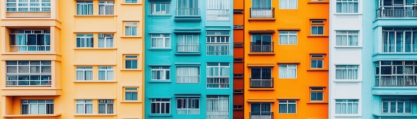 Fototapeta premium A vibrant array of colorful apartment buildings showcasing different shades, creating a lively urban landscape.