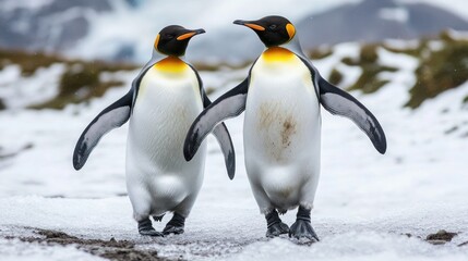 Fototapeta premium Majestic king penguins standing side by side in a snowy landscape