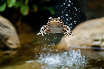 Delighted frog leaping playfully in its natural setting  
