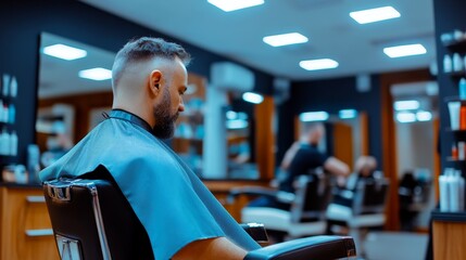 Man getting a haircut in a modern barbershop with stylish decor and focused atmosphere
