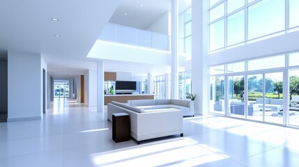 Modern spacious living room with large windows showcasing a bright outdoor view