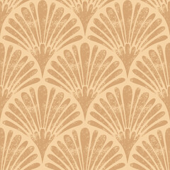 Geometric brown palm Leaves seamless Pattern of scallop leaf shapes on beige background. Textured symmetrical tropical plants. For wallpaper, home décor and textile. Raster repeat allover illustration