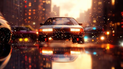 City traffic scene during dusk with automobile