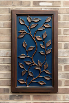 Copper leaf wall art on a blue background mounted on a brick surface