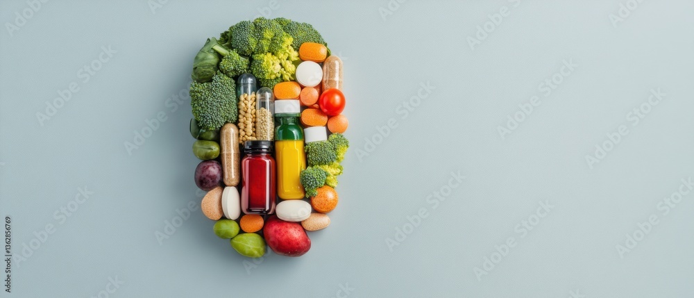 Poster neuronutrition aesthetic cognitive wellness infographic of brain-shaped nutrient composition - holis